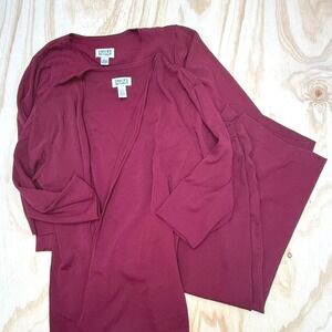 Chicos Design 3 Piece Set Burgundy Ribbed Knit Cardigan Top Wide Leg Pants Sz 3